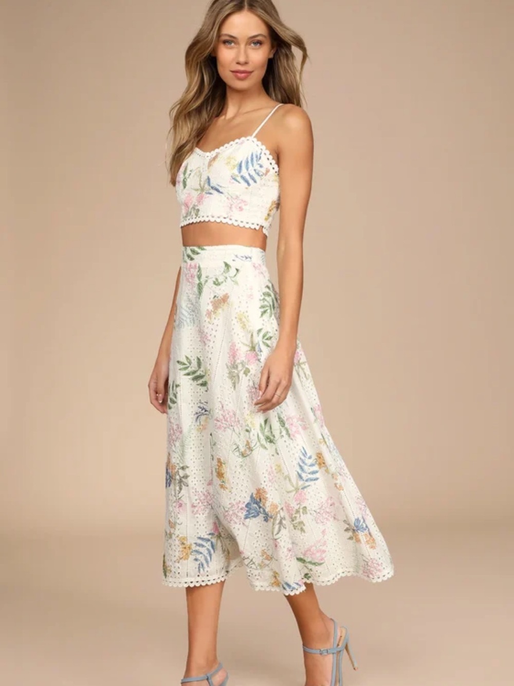 Floral Eyelet Two-Piece Dress Set - White with Multicolor Floral